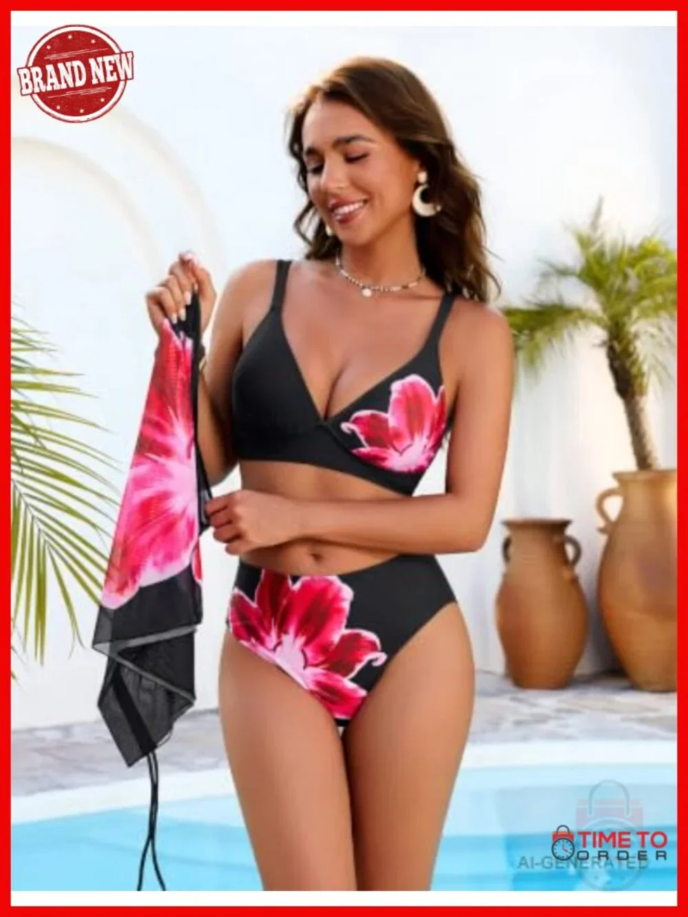 3 Piece Bikini Set with Floral Print High Waisted Bottoms and Sheer Cover Up